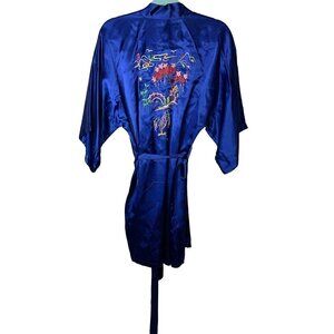 Health Womens Robe Blue Size Small Vintage Hand Embroidered Pure Rayon Satin